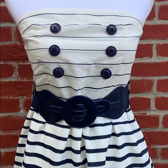 Strapless Striped Dress Off White and Navy Blue - Picture 2 of 15
